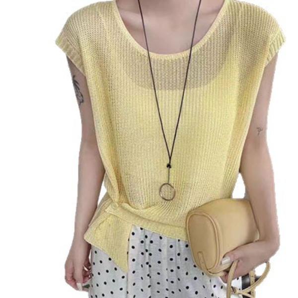Women's White Knit Tank Top Round Neck Sleeveless Hollow Crochet Blouse Casual Loose Summer See-Through Cover Up