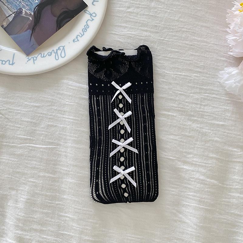 Children's Socks Summer Lolita Wooden Ear Mesh Ribbon Large Bow Mid-tube Socks for Girls