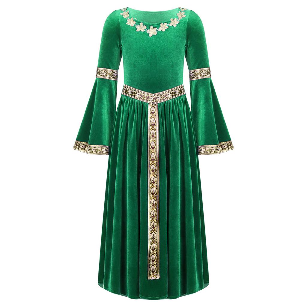 Girls Medieval Princess Velvet Dress Long Flare Sleeve Retro Patterned Band Dress Up Costume Royal Party Gown