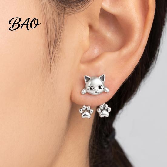 Cute Cat Earrings for Women 1 Pair Paw Women, Vintage Front Whimsical Lover Accessories Back Stud Earrings, Small Kitten Jewelry Gift Lovers
