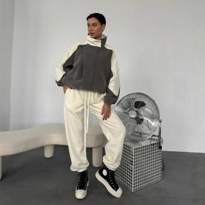 Warmer Anzug Modisches Lässiges Damenkleid Farbkontrast Reißverschluss Stehkragen Mantel Schnürung Hose