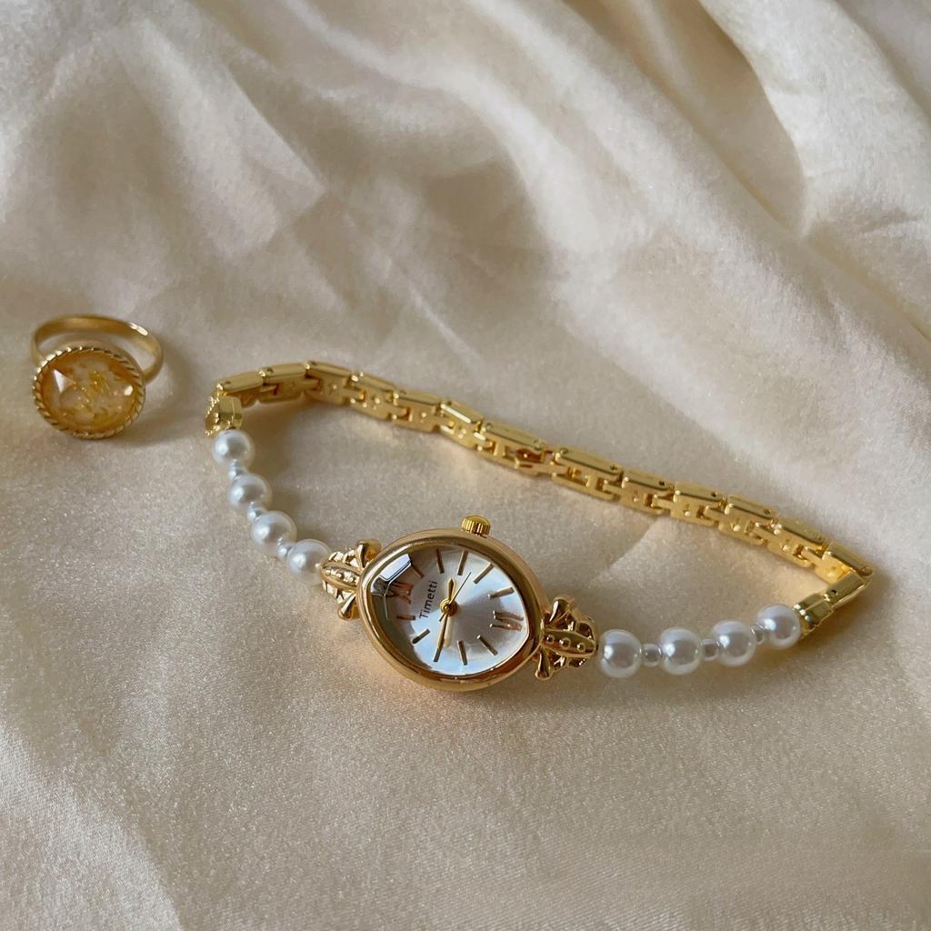 Retro Gold Klein Römisches Zifferblatt Damen Uhr Luxuriöses Elegantes Design Perlen Armband Damen Quarz Armbanduhr Mädchen Uhr Geschenke