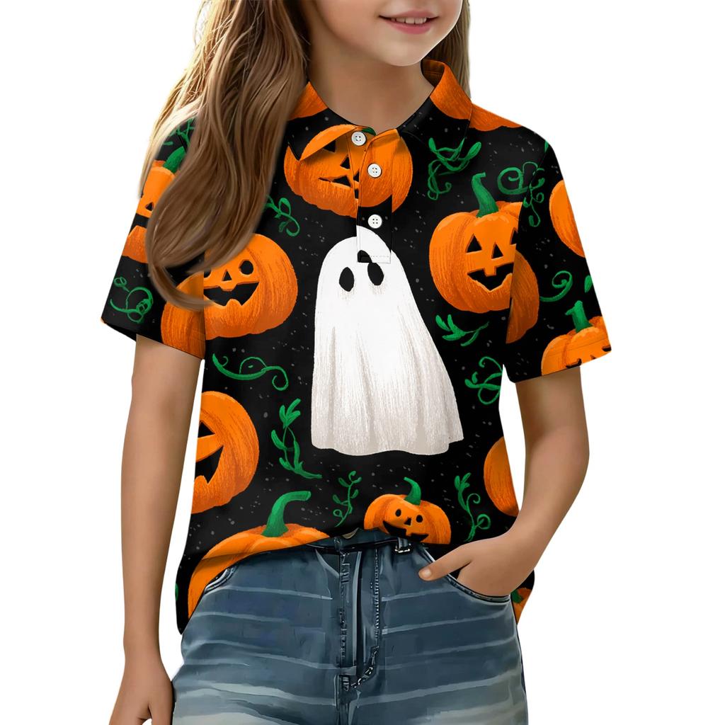 Kids Halloween Graphic Polo Shirt Casual Short Sleeve Tee with Button Collar Comfortable Fit for Boys and Girls