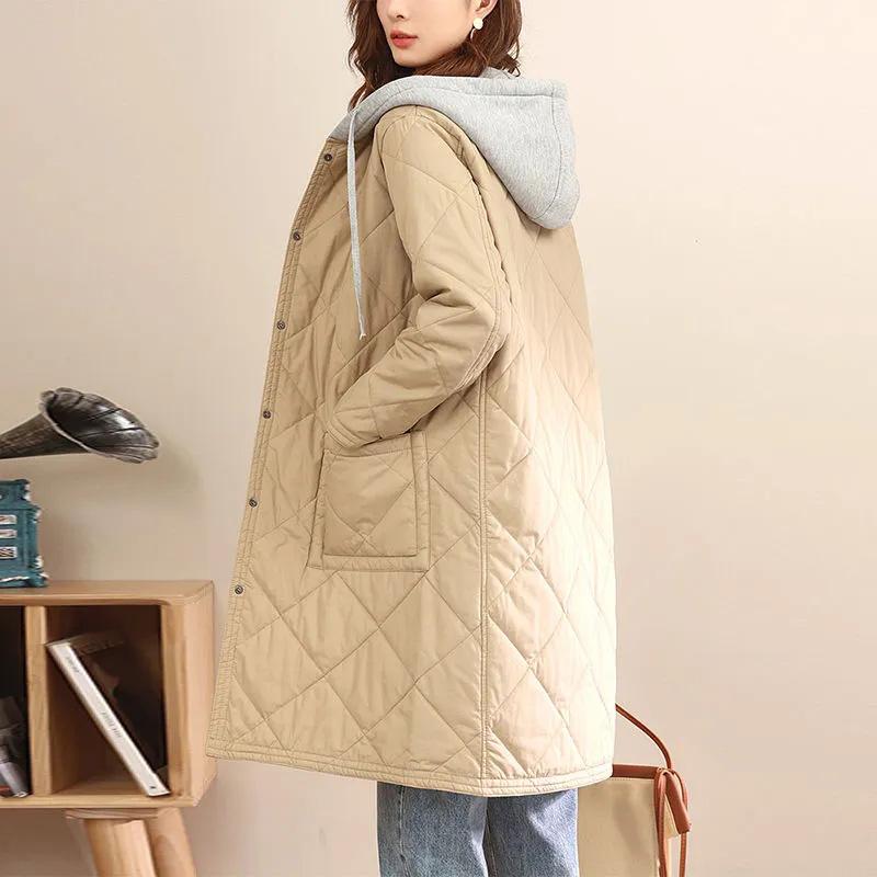 Cotton Jacket Women's Autumn Hooded Casual Tops Button Big Pockets Cotton Jacket Loose Sandwich Cotton Jacket