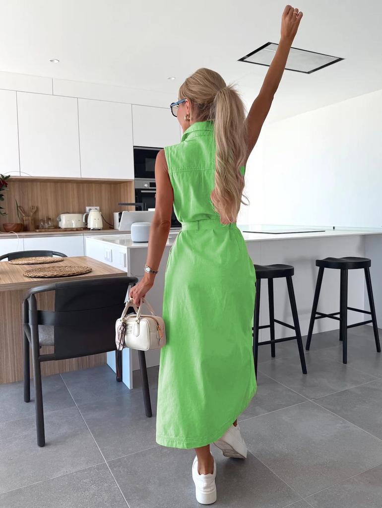 European & American Style Sleeveless Tie-Waist Denim Dress