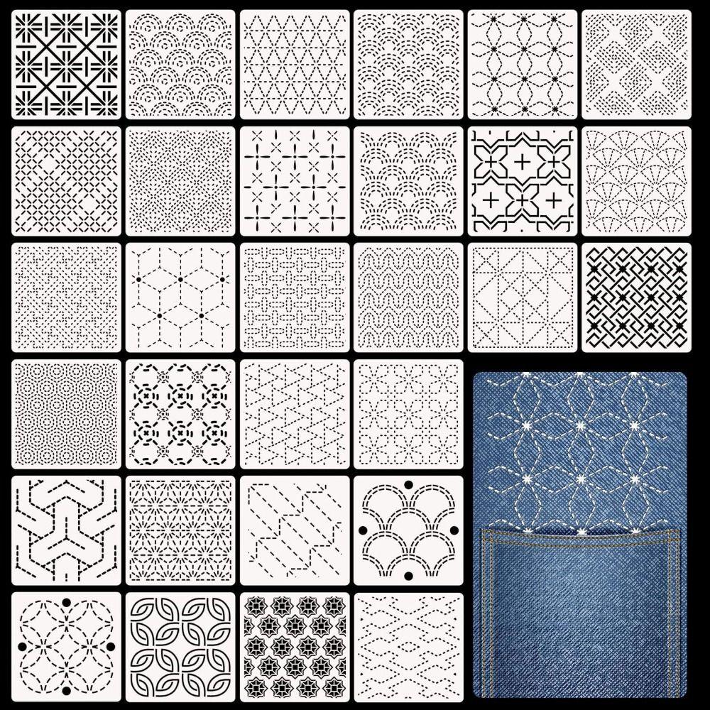 Kit di 30 stencil Sashiko con motivo geometrico, stencil riutilizzabile per patchwork, forniture per riparazioni