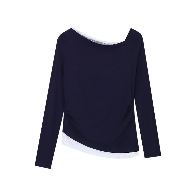 Women s Asymmetric Neck Long Sleeve Tee Slim Fit Commuter Lace Patchwork Solid Color Polyester Milk Silk Sexy Off Shoulder Basic Blouse Autumn Top S