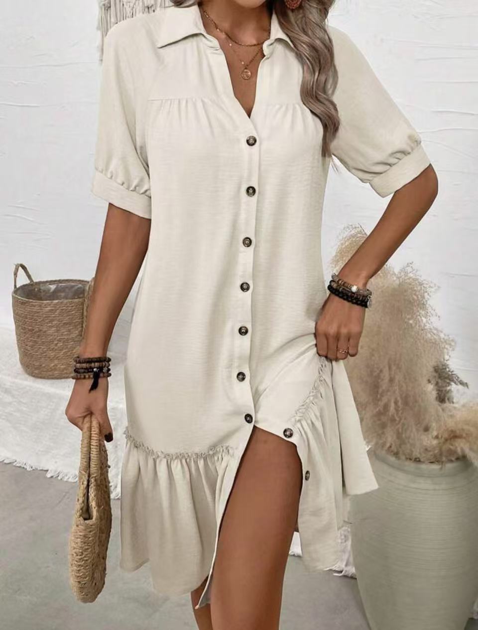 

Women s Short Sleeve Shirt Collar Button Down Dress with Ruffle Hem and Side Slit S
