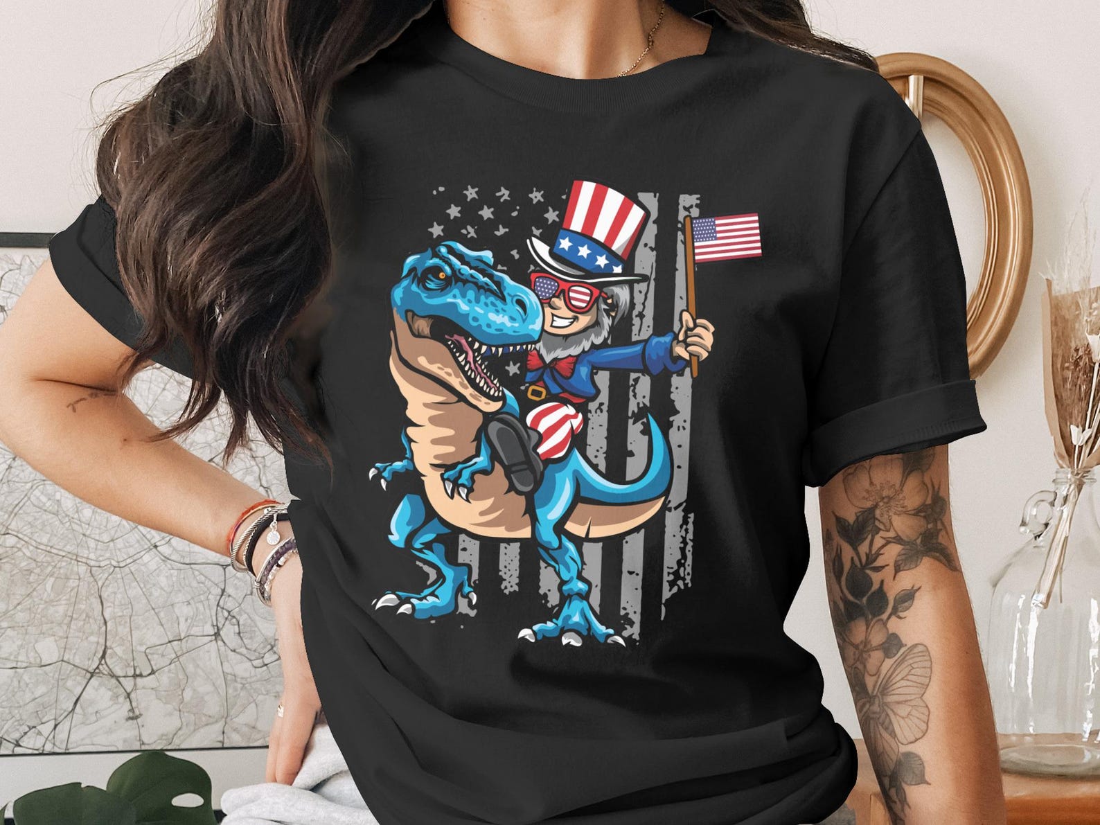 Funny Patriotic T-Rex Riding Uncle Sam T-Shirt | 4th of July Dinosaur Tee | Americana USA Flag Independence Day Gift XL