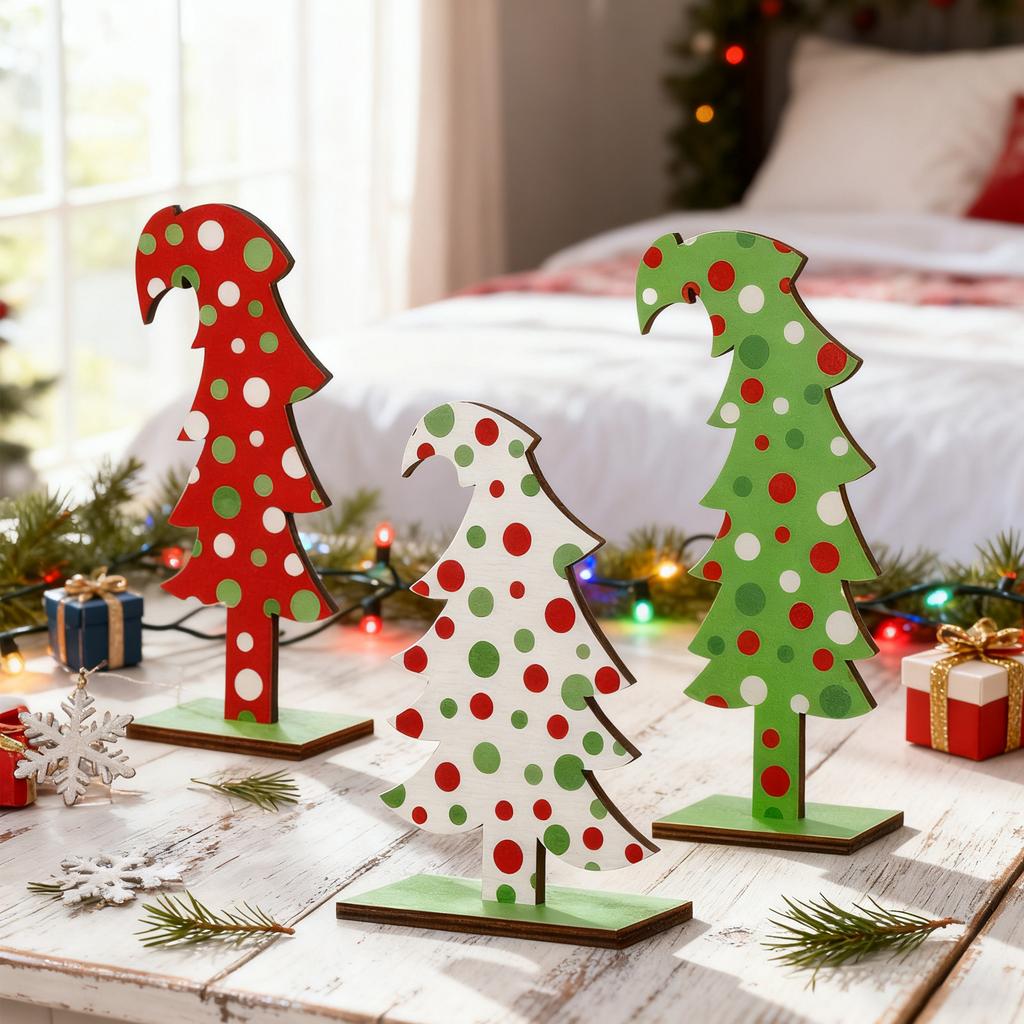 3 Pcs Lime Green Wood Christmas Tree Tabletop Christmas Tree Small Decor Standing With Rectangular Base For Home Tabletop Decor
