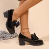 Fashion Bowknot Decoration Black Patent Leather Loafers Women 2025 Summer Round Toe High Heel Pumps Elegant Office Dress Slip On Shoes