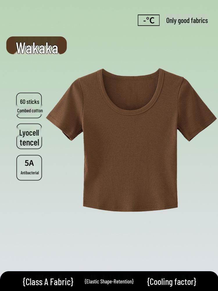 5A Antibakterielles Damen einfarbiges Tencel Baumwoll Ripp Kurzarm Sommer T-Shirt