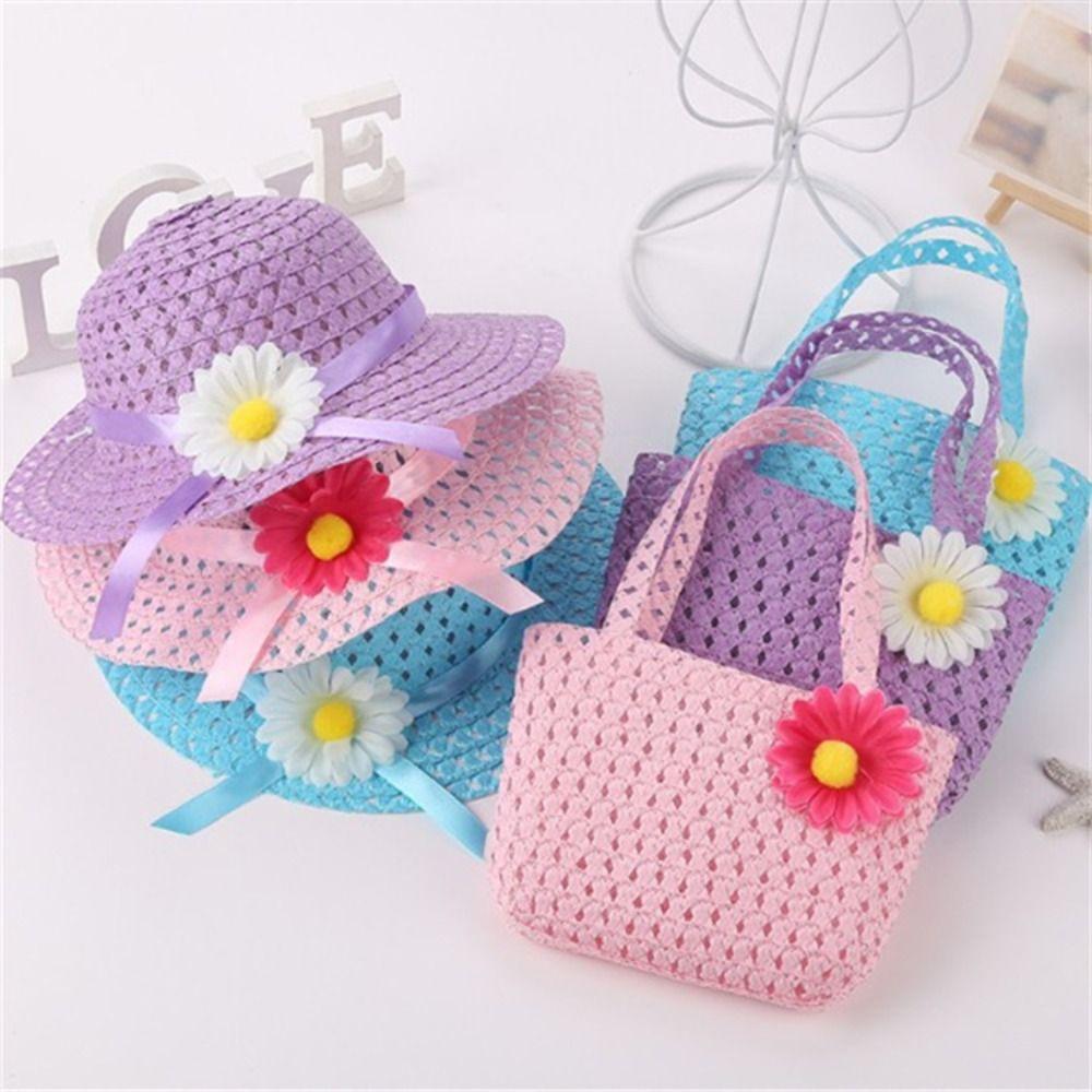 2Pcs/Set Flower Design Children Beach Hats Set Wide Brim Straw Wide Hat  Kids Summer Holiday