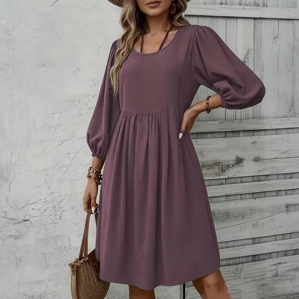 Women's Fashion Elegant Holiday Solided Color Round Neck 3/4 Sleeve Cotton Polyester Midi Dress