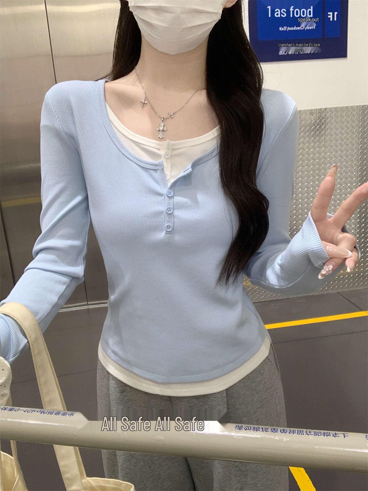 Women s Color Block Stitch U-Neck Slim Fit Long Sleeve Layered Top for Spring & Autumn L синий