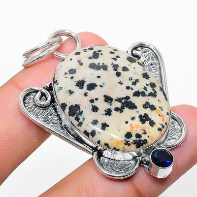 Natural Dalmation Jasper, Blue Topaz 925 Sterling Silver Pendant 2.17" u2P98