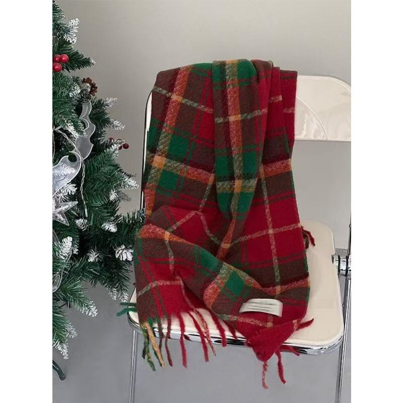 New Christmas Atmosphere Red Plaid Scarf Women's Winter Versatile Warm Thickened Student Scarf Tide