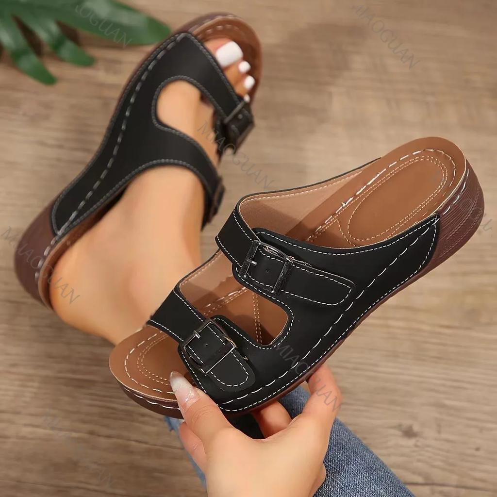 Fashion 2025 Summer Women Wedge Slippes Open Toe Sandals Slides Vintage Buckle Leather Casual Female Platform Retro Flip Flops Shoes