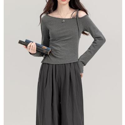Pure Desire Spicy Girl Off-Shoulder Long-Sleeve Women's Top for Early Spring/Autumn Versatile Base Layer