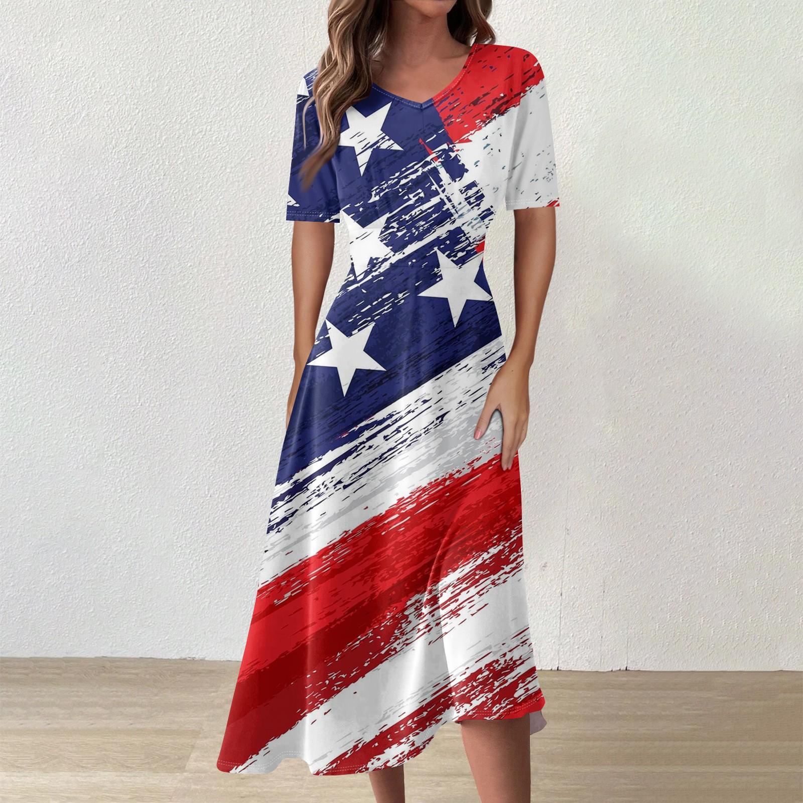 

Ladies Casual Fashion Print V-Neck Short Sleeve Waist Long Swing Dress M червоний