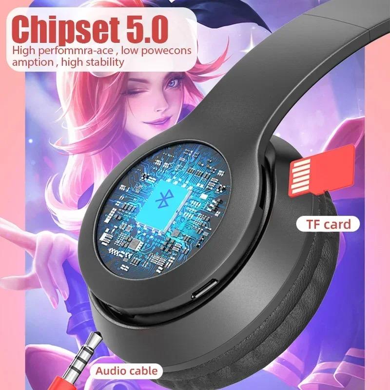 P47M Cat Ear Gaming Headset Wireless Headphones Stereo Bass Bluetooth-Compatible Helmets Cute Over-Ear Headsets