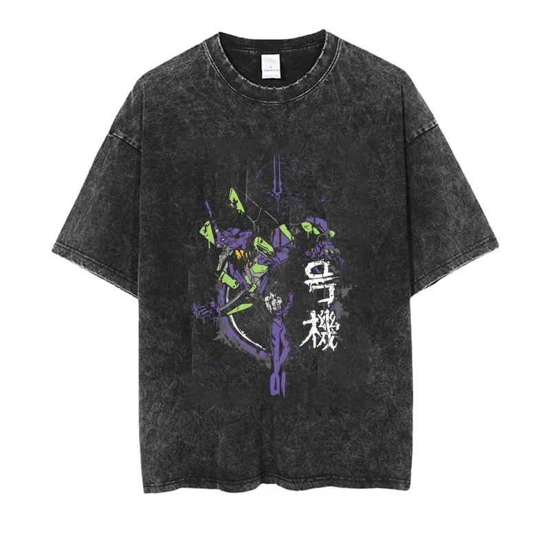 Anime Eva Men's T-shirt Washed Vintage Loose Summer Women's Printed Short-sleeved Tees Oversized Gym Y2k Clothes Harajuku Tops