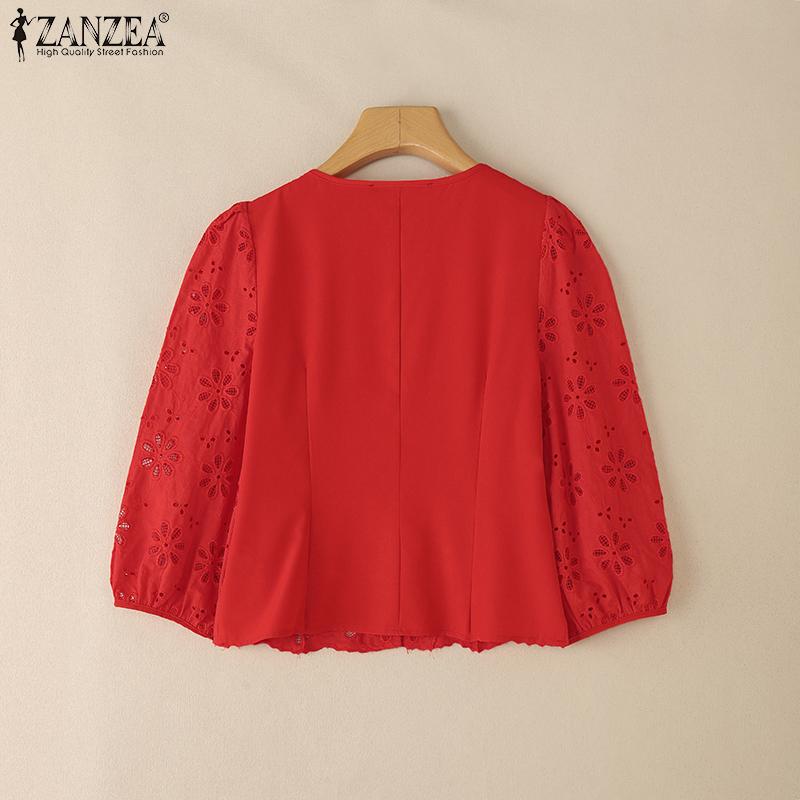 ZANZEA Women Casual O-neck 3/4 Sleeve Embroidery Lace Blouse