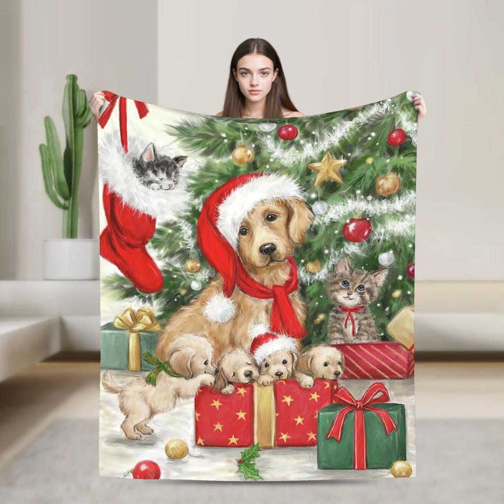 Christmas Dog And Cat Blanket Fleece Spring/Autumn Nordic Merry Christmas New Year Thin Throw Blankets for Home Office Bedspread