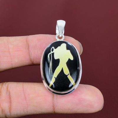 Aquarius Zodiac Sign In Black Onyx Pendant Horoscope Pendant Astrological Aquarius Zodiac Sign Jewelry 925 Sterling Silver Gemstone Pendant