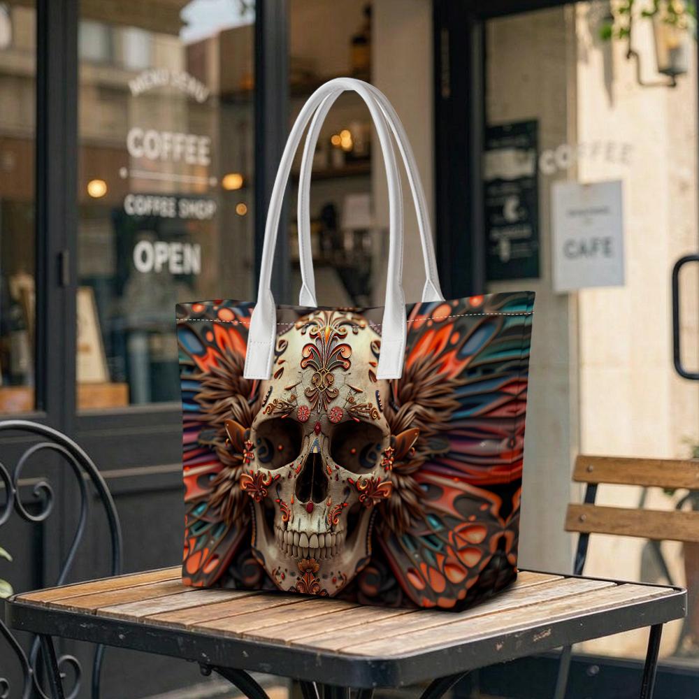 Gothic Skull Pattern Tote Bag Fashion Daily Use Portable Large Capacity Shopping Handbag