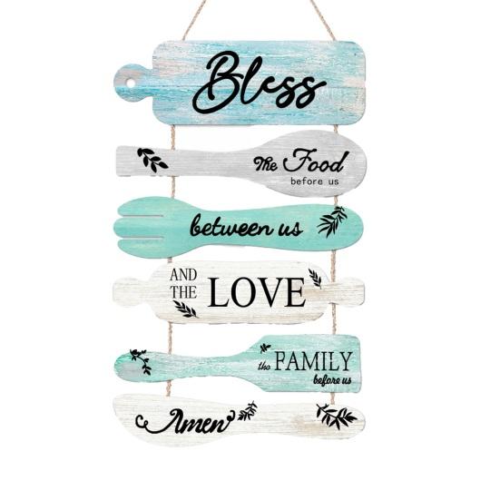 Bless The Food Before Us Kitchen Wall Decor Rustic Wooden Roped Hanging Sign Vintage Farmhouse Wall Art for Kitchen Dining