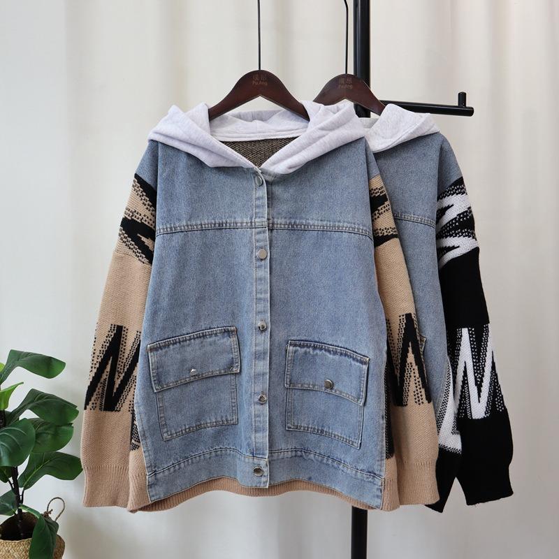 Autumn and winter new hooded splicing denim knitted cardigan design sense loose casual sweater jacket women