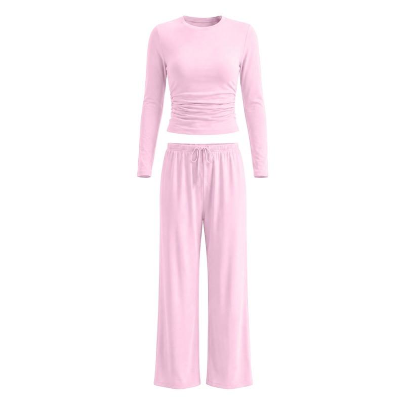 Womens Solid Color Casual Long Sleeve Top Pants Set Streetwear