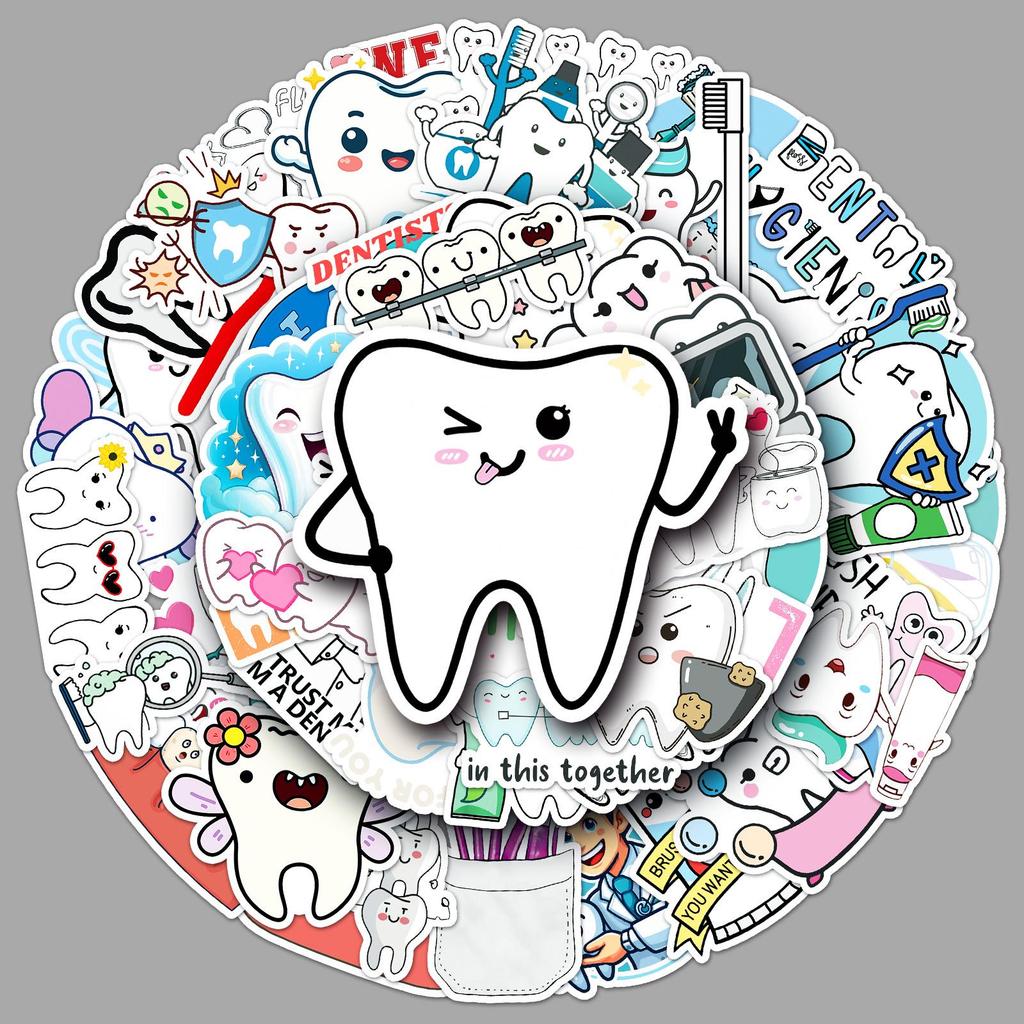 50 Cute Cartoon Waterproof Teeth Stickers for Creative Decoration