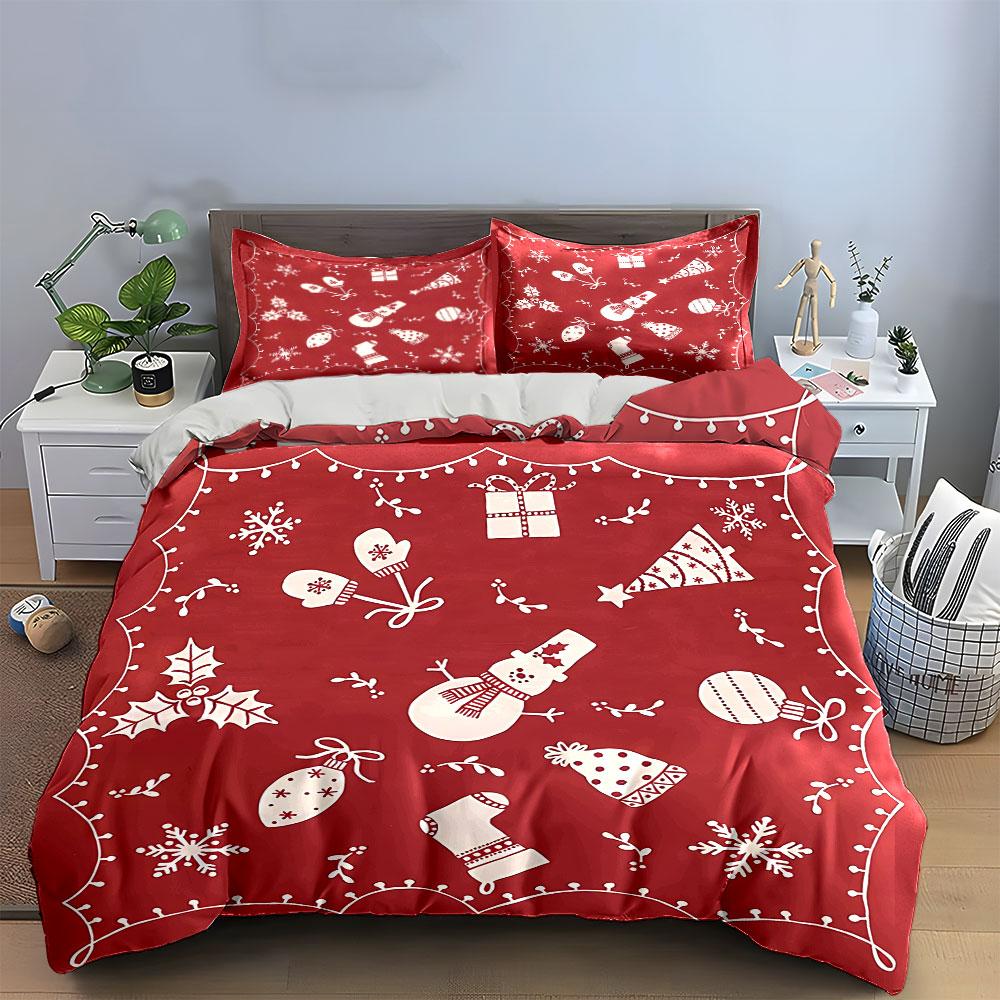 Christmas Snowman Red Prints Bedding Duvet Cover Set Duvet Cover Pillowcases  (1*Duvet Cover 2*Pillowcases, without duvet insert)