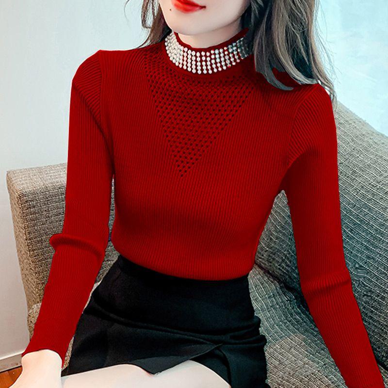 Women High Neck Sweater Slim Beaded Stretch Knit Sweater Fall and Winter Long Sleeve Pullover Knit Top