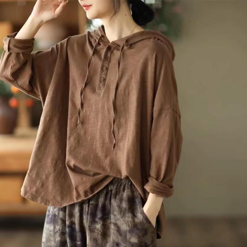 2025 Spring Retro Hooded Pullover: Women's Casual Loose Fit Solid Color Long Sleeve Sweatshirt