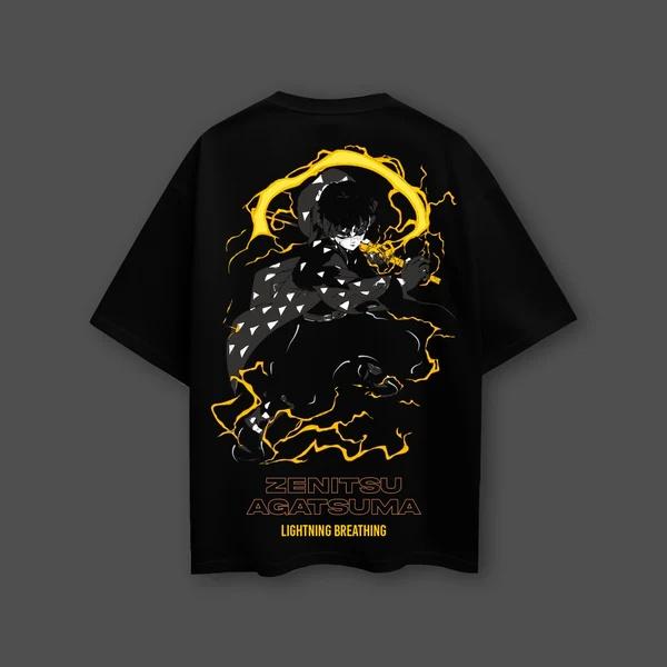Demon Slayer Anime Zenitsu Agatsuma Oversized Black Tshirt Men and Women Breathable High Quality Y2K Short Sleeve Summer Tees