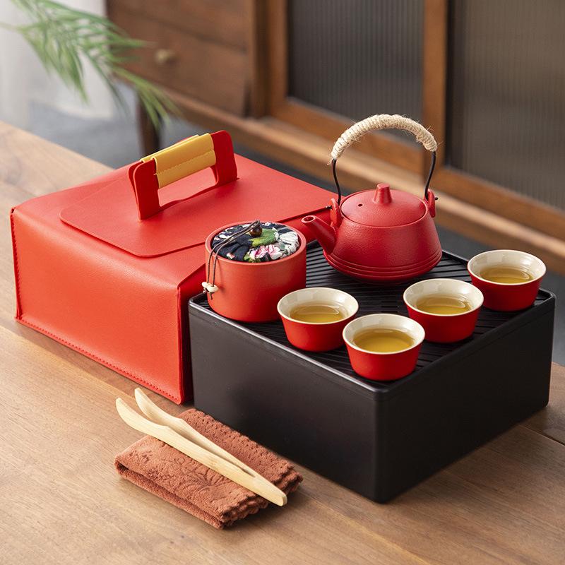 Japanese-style black pottery outdoor portable travel tea set, beam pot, dry tea tray, business company gift