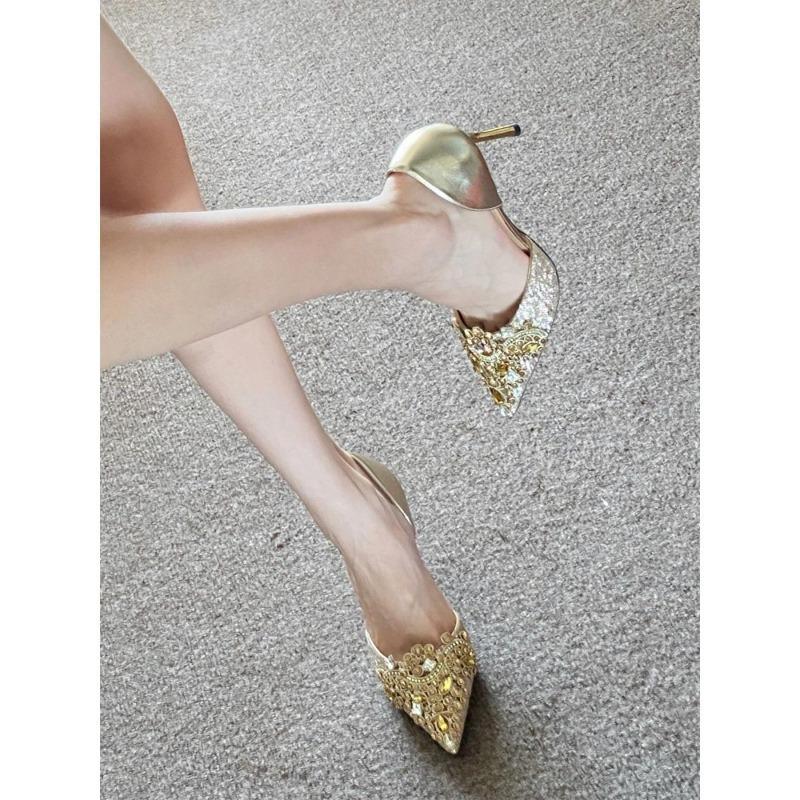 Fashion Hot Selling 2025 Women Single Shoes  Korean Transparent High Heel Pointed Toe Shoe Rhinestone Champagne Bridesmaid Wedding Shoes