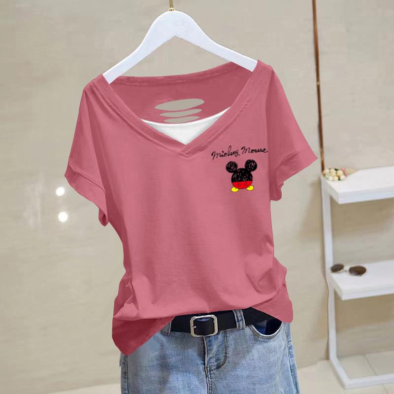 

Женская хлопковая футболка больших размеров с цветными блоками, V-образным вырезом и короткими рукавами 4XL [Suggested 140-155 lbs]