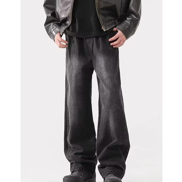 American Micro-washed Old Jeans Men's Loose Straight Spring and Autumn Trend Black Casual Wide-leg Pants