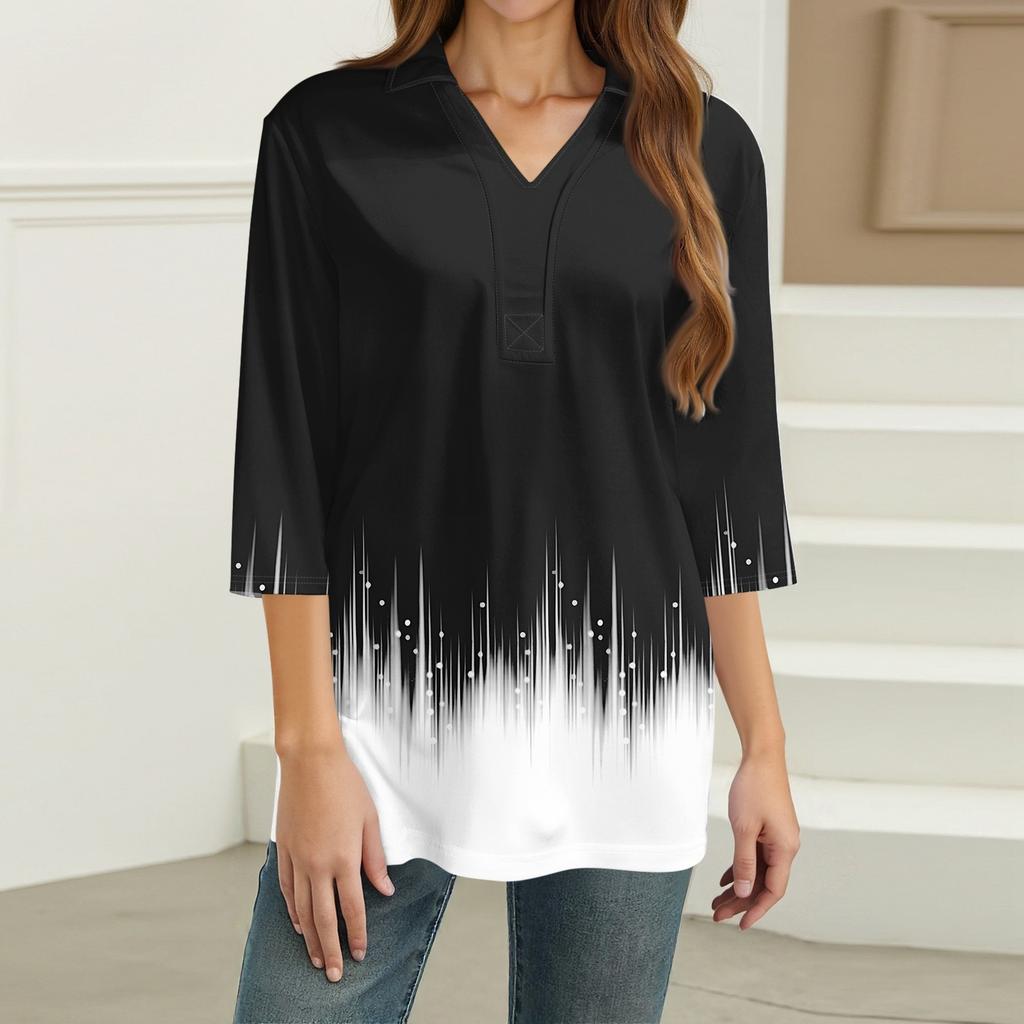 Women's Fashion Casual Lapel 3/4 Sleeve Print Shirt Women's V-Neck Tops