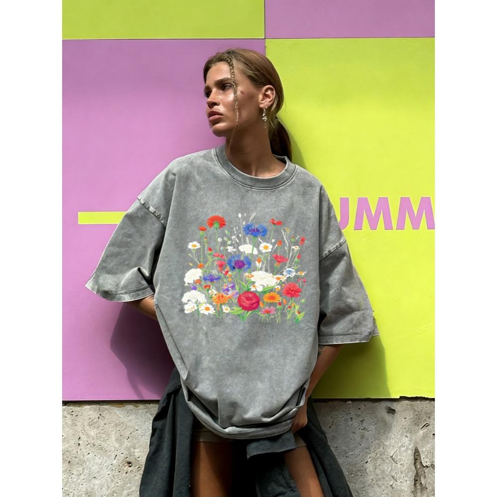 Flowers That Absorb Sunlight Print Washed T Shirt Women Summer Breathable Short Sleeves Cotton Loose Streetwear T-Shirt