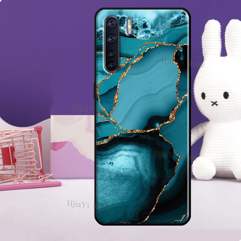 Türkisblau Gold Achat Marmor Hülle Für OPPO Reno 5 Lite 2Z 2F A5 A9 A53 A53S 2020 A52 A72 A1K A15 A83 A94 A74 A54 Hülle