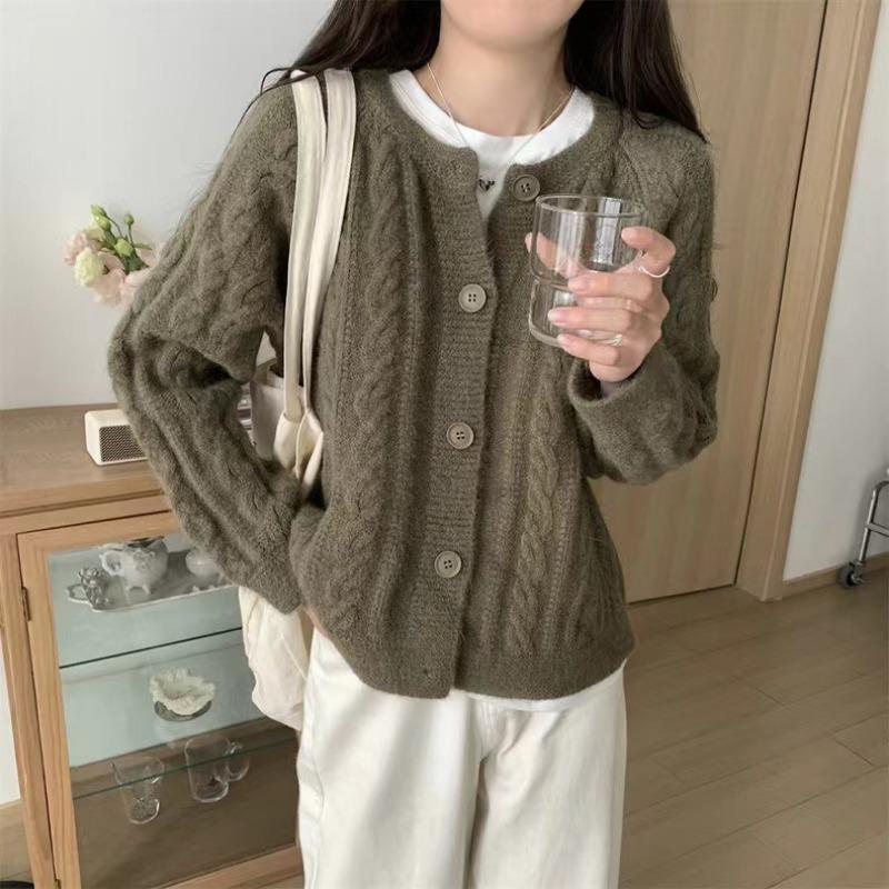 

Мягкий восковой твист вязаный кардиган куртка женский осенне-зимний новый круглый вырез молочный фуфу ленивый ветер короткий свитер прилив One Size