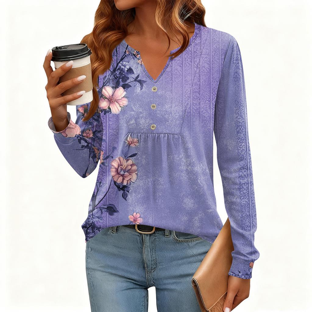 Γυναικείο Χαλαρό, V-λαιμόκοψη, Ρετρό Χρώμα, Μπλοκ με Φλοράλ Σχέδιο, Μακρυμάνικο Πουλόβερ T-shirt