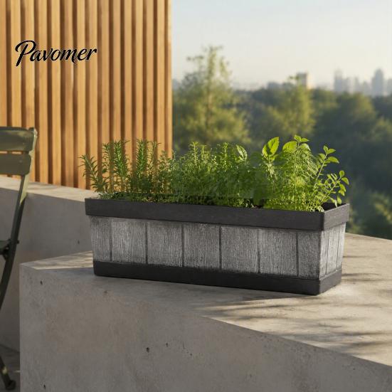 Imitation Wood Grain Herb Planter 18 Inch Rectangular Box, Window Box Planter, Plastic Vegetables Sill Garden Pots with Drainage Flowers Planting Pot
