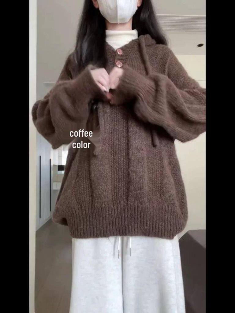 Soft Hooded Knitted Pullover Sweater for Women – Cozy and Loose Outerwear for Autumn, Winter, and Spring.