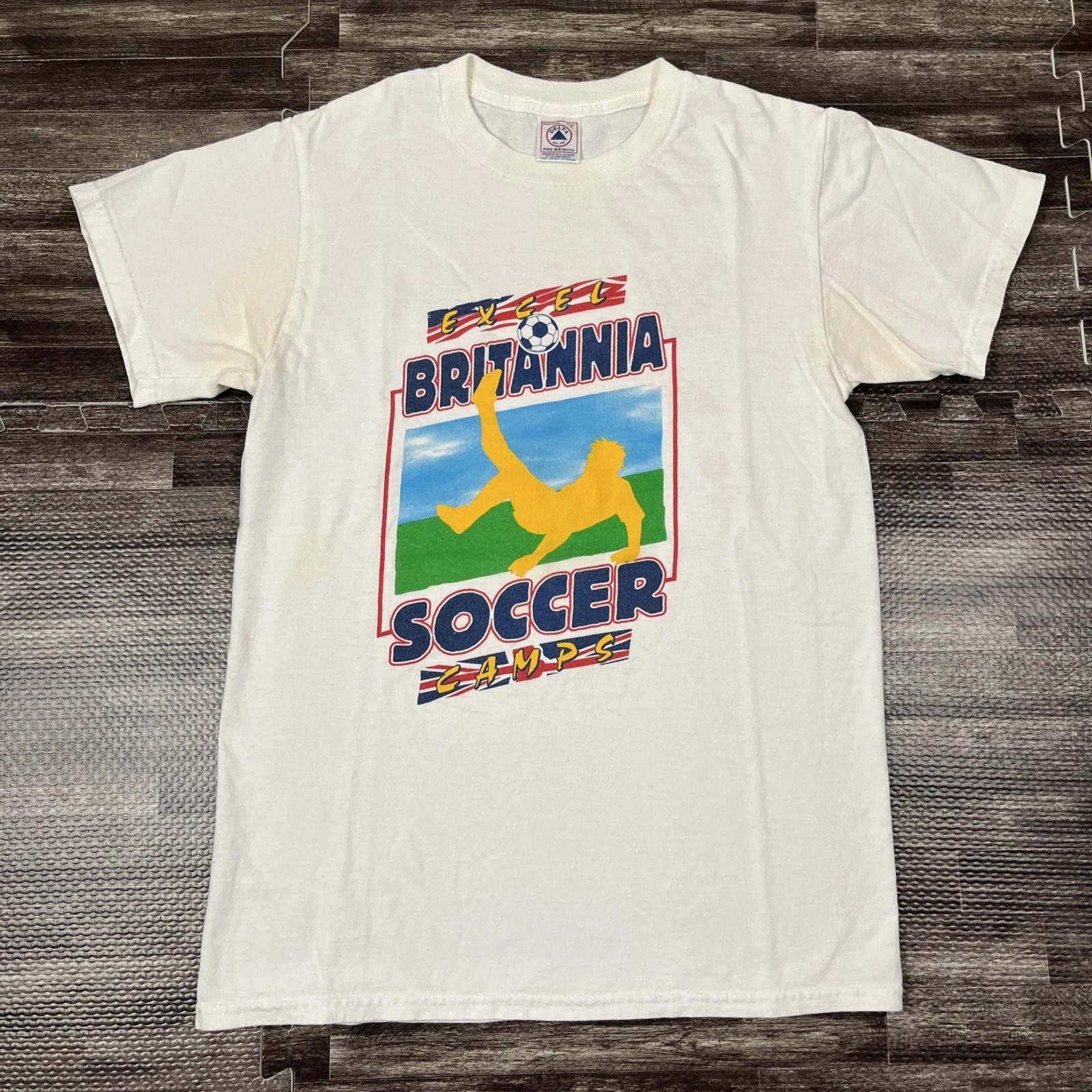 

Винтажная футболка с графическим принтом Excel Britannia Soccer Camps Маленькая Белая Двусторонняя VTG XL